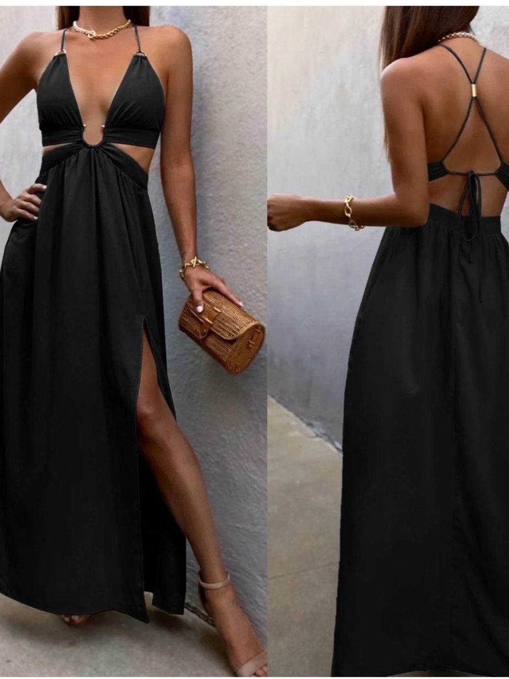 Backless Black Halter Maxi Dress with Front Cutout